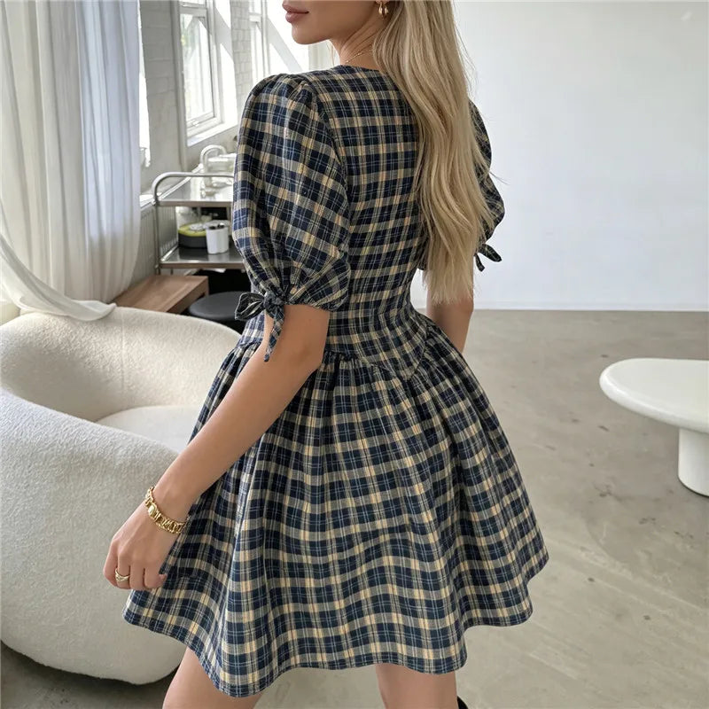 Women's Y2K Plaid Mini Dress Round Neck Puff Sleeve Bow Tie Cuffs A-Line Flared Skirt Casual Vintage Summer Dress