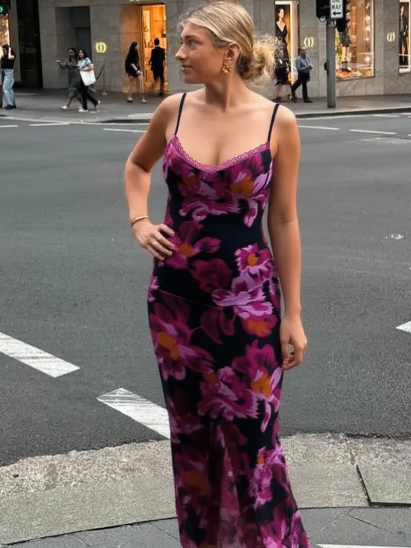 Beautiful Flower Printed Spaghetti Strap Backless Long Dresses Summer Vacation Outfits Woman Dress Elegance