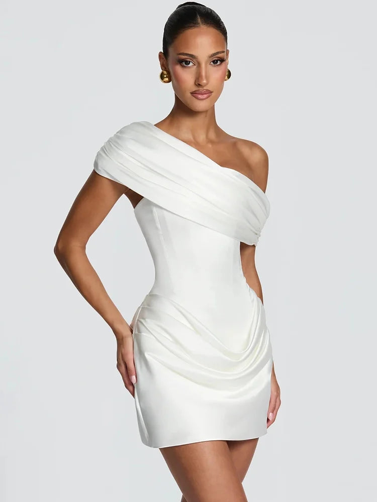 Women Satin Sexy Mini Dress Off Shoulder Draped Corset Bodycon Dress Ruched Wedding Guest Cocktail Party Evening Dress