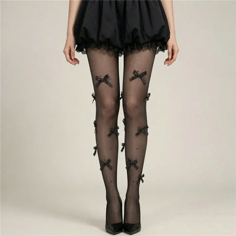 Sweet Lolita 3D Bow Pearl Sheer Pantyhose Women Transparent Mesh Tights Cute Bowknot Decor Hosiery Cosplay Stockings
