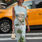 Trend Lotus Print Dress Women Sexy Skew Collar Sleeveless Ruched Stretch Skinny Elegant Fashion Party Street Bodycon
