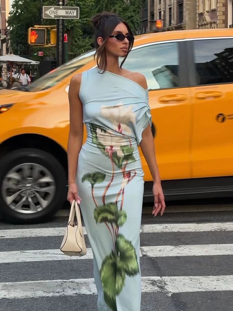 Trend Lotus Print Dress Women Sexy Skew Collar Sleeveless Ruched Stretch Skinny Elegant Fashion Party Street Bodycon
