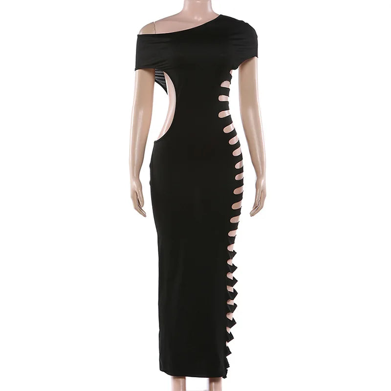 Sexy Women's One Shoulder Side Cut Out Maxi Dress Solid Color Bodycon Evening Gown Party Clubwear Long Dress