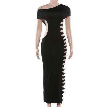 Sexy Women's One Shoulder Side Cut Out Maxi Dress Solid Color Bodycon Evening Gown Party Clubwear Long Dress