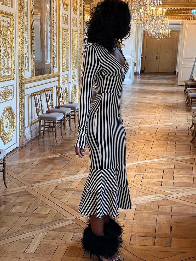 Sleeveless Fashion Stripes Dress Women Sexy Hooded Ruffled Hem Patchwork Full Chic Elegant Evening Party Club Bodycon