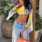 Backless Bandages T-Shirt Women Fashion Colorful PrintSee tThrough Puff Sleeve Sexy Hottie Street Party Crop Tess