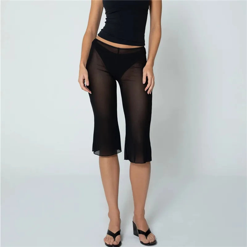 hirigin Sheer Mesh Flare Capri Pants Women High Waist See Through Mid Calf Trousers Sheer Pants For Beach Cover Up Daily Wear