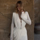 White 2 Piece Set Deep V Long Sleeve Bodysuit Top and Asymmetric Draped Skirt Sexy Fall Outfits Woman 2026