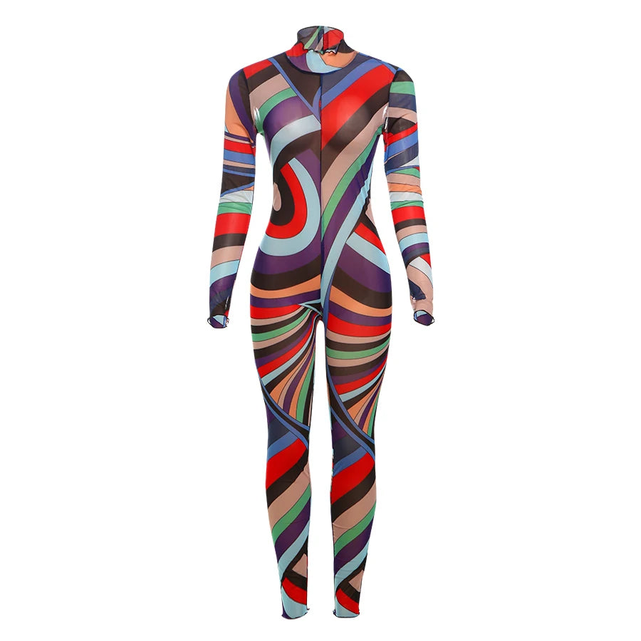 Sexy Colorful Print Jumpsuit Women Zip Y2K Full Sleeve O-Neck Turtleneck Autumn Trend Skinny Stretch Workout Overalls