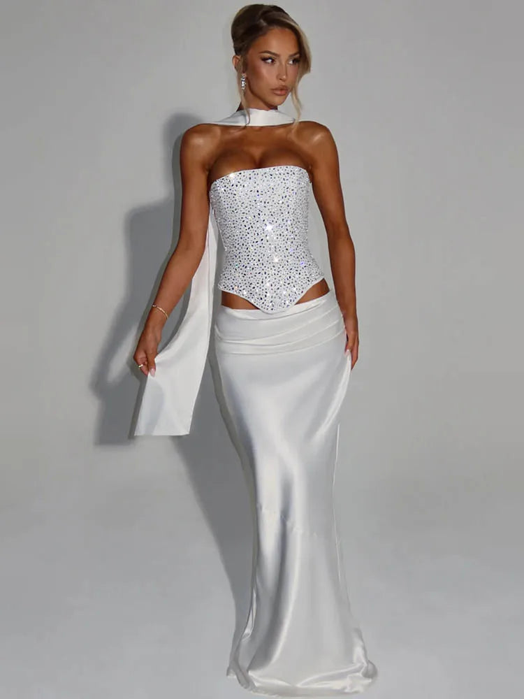 Sequins Sexy Dress Set Women Sparkle Scarf Collar Crop Tops And Maxi Skirt Elegant Club Party Satin Skirt Matching Set