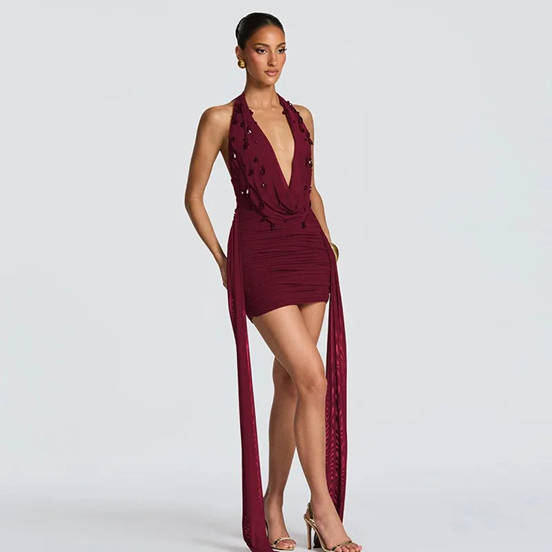 Embellished Cowl Neck Ruched Bodycon Mini Dress for Birthday Party Sexy Evening Dresses Woman 2026