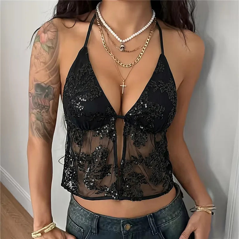 Women Sequin Mesh Halter Crop Top Sheer Lace Back Tie Backless Camisole Y2K Party Clubwear Sexy See Through Tank Top