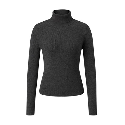 Elegant Turtleneck Rib Knit Cropped Sweater Women Long Sleeve Slim Basic Knit Top Solid Slim Short Pullover Fall Winter