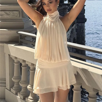 Elegant Halter Neck Mini Dress Backless Pleated High Waist Layered Ruffle Hem Solid Color Short Dress Party Club Outfit