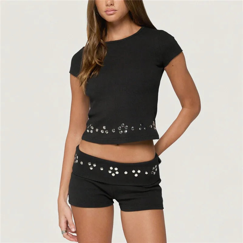 Women 2 Piece Set Rivet Trim Crew Neck Short Sleeve Crop Top Fold Over Waist Booty Shorts Y2K Streetwear Matching Set