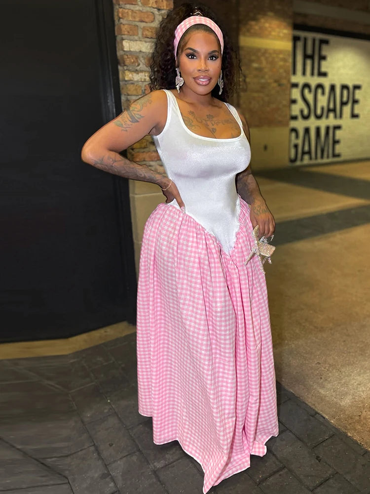 Patchwork Plaid Maxi Dress Women Square Collar Sleeveless Folds Loose Hem Summer Midnight Birthday Party Vestidos