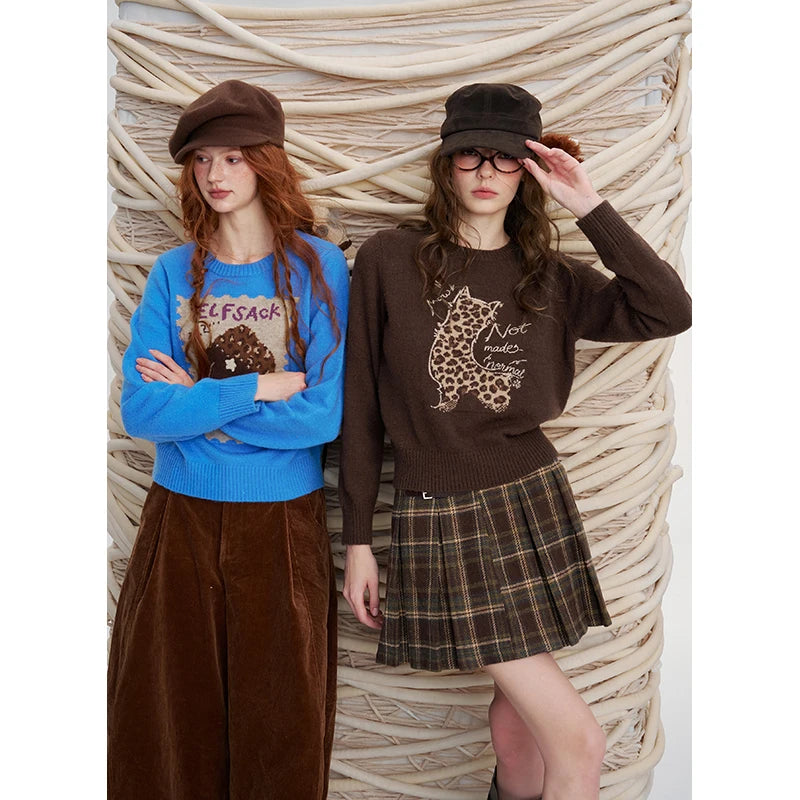 Women's Casual Pullover Sweater with Cartoon Animal Print, Long Sleeve Cozy Top for Everyday Wear