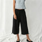 Casual Loose Wide Leg Capri Trousers Elastic Waistband Side Pockets Adjustable Drawstring Hem Baggy Cropped Culottes