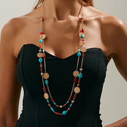 Vintage Acrylic Beaded Long Pendant Necklace for Women, Boho Stacked Sweater Chain, Party Accessory