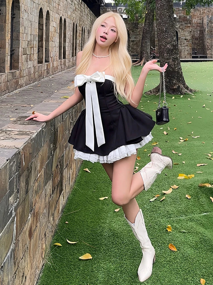 Bow Ribbon Dress 2-Piece Set Women Patchwork Strapless Ball Gown+Sweet Flares Tierred Skirt Elegant Birthday Outfits