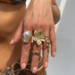 2025 New Fashion Metal Flower Open Rings for Women Creative Baroque Imitation Pearl Rings Y2K Bridal Wed Jewelry Gift