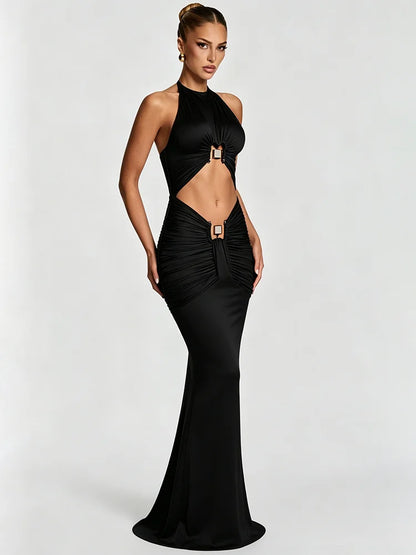Women Halter Mermaid Sexy Maxi Dress Hollow Out Cutout Metal Lock Decor Ruched Bodycon Dress Evening Party Club Dress