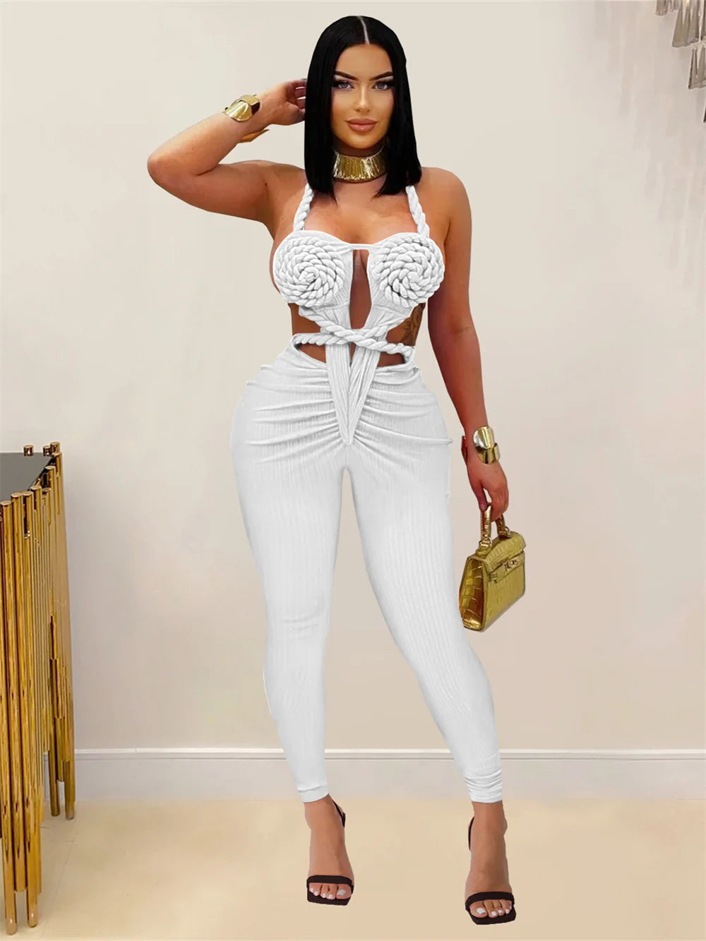 Peach Buttocks Backless Jumpsuit Women Plait Sexy Hollow Halter Bandage Ruched Y2K Party Club Street Workout Overalls