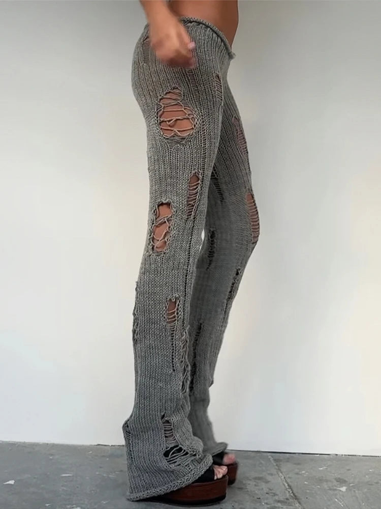 Hot Girls Long Pants Woman Irregular Hollow Design Crochet Elastic High Waist Skinny Stretch Street Hip-Hop Style Bottoms