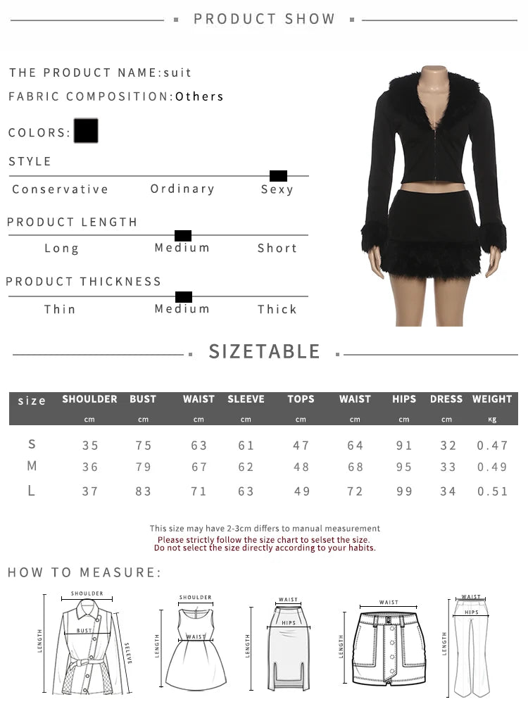 Elegant 2 Piece Set Woman Furry Patchwork Autumn Style Hidden Breasted Full Sleeve Crop Tops+Mini Skirts Fashion Suits