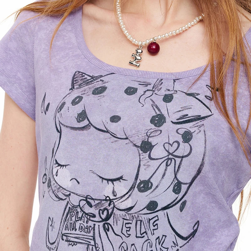 Women's Cartoon Print Purple T-Shirt, Square Neck Ruched Short Sleeve Tee, Ribbed Knit Curved Hem Cute Summer Top