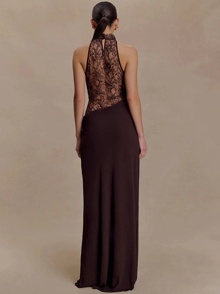 Lace Hollow Out Backless Sexy Maxi Dress Women Gown Elegant Sleeveless High Waist Ruched Bodycon Club Party Long Dress