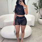 Sexy Midnight 2-Piece Set Women See Through o-Neck Vest+Simple Short High Elasticity Wild Summer Fashion Slim Suit