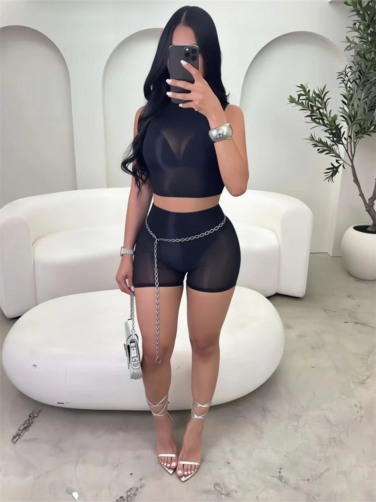 Sexy Midnight 2-Piece Set Women See Through o-Neck Vest+Simple Short High Elasticity Wild Summer Fashion Slim Suit
