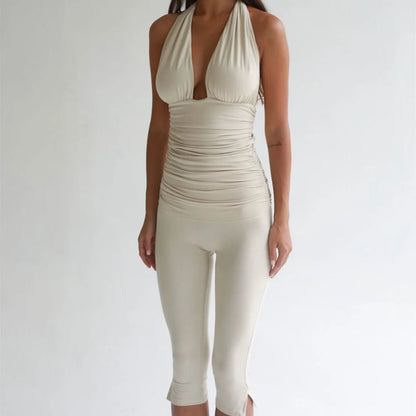 Women's Y2K Sexy Halter Neck Backless Deep V Neck Ruched Bodycon Capri Length Jumpsuit Solid Color Slim Fit Streetwear