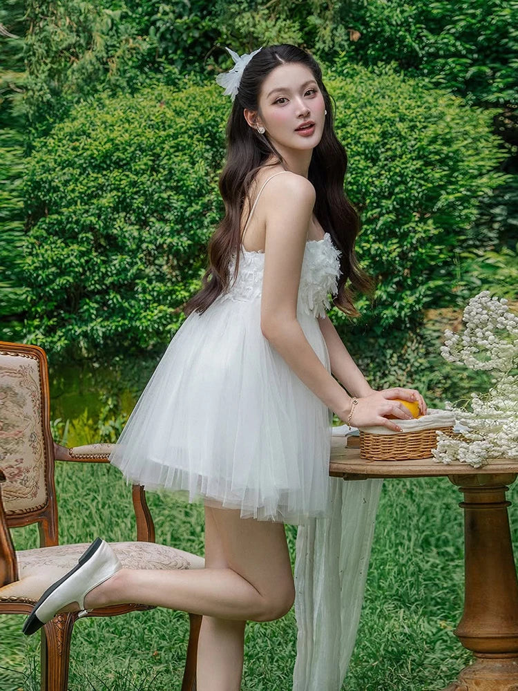 Puffy Hem Dress Women Feather Tassel Bow Decoration Sweet Style Fashion Summer Birthday Party Elegant Mini Bodycon