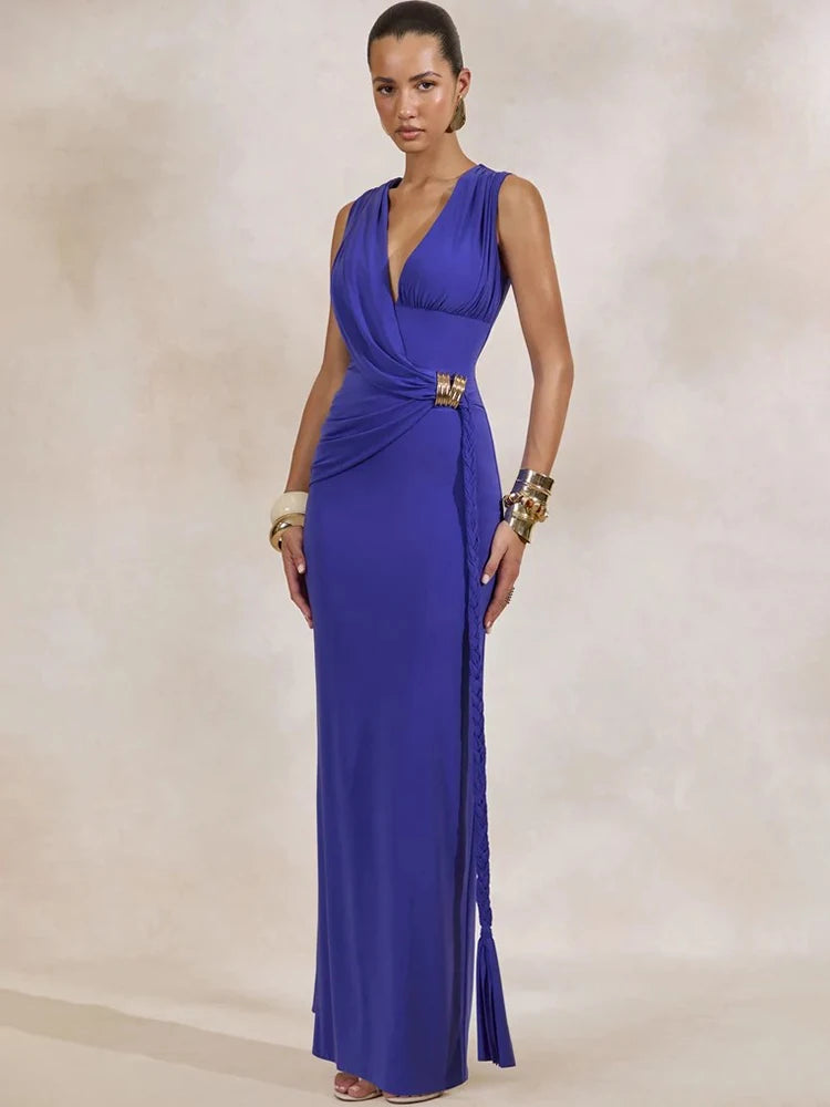 Women Deep V Neck Sleeveless Sexy Maxi Dress Wrap Ruched Bodycon Long Dress Elegant Evening Club Party Formal Gown