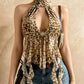 Sexy Print Backless Tank Top Women Hottie Halter Bandages Metal Buckle Hollow Irregular Hem Fashion Vacation Vest