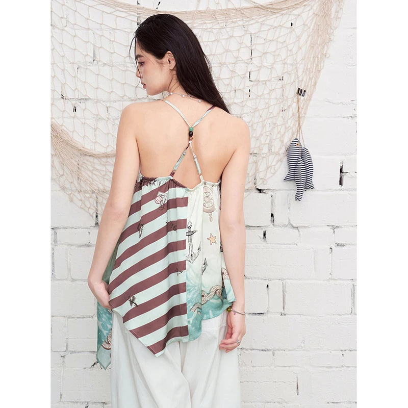 Nautical Print Chiffon Cami Top, Asymmetrical Patchwork Sleeveless Blouse