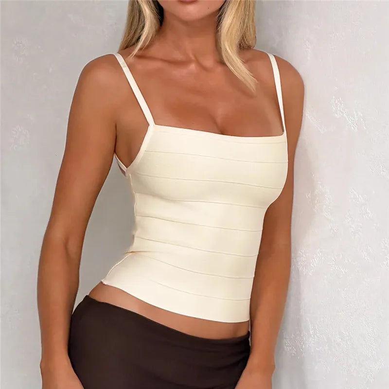 Women Slim Fit Bandage Ribbed Tank Top Square Neck Spaghetti Strap Sleeveless Bodycon Cropped Cami Top Summer Streetwear