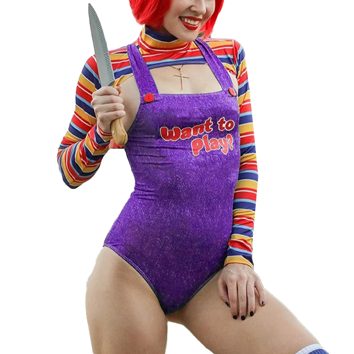 Women 2 Pcs Scary Killer Doll Costume Set Sling Jumpsuit Horror Party Cosplay