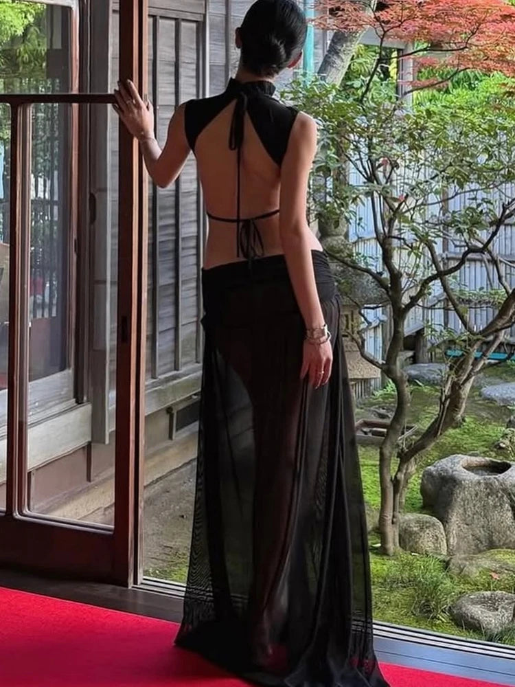 Sexy See Through Long Dress Woman Stand Collar Lace-Up Backless Robe Prom Party High Waist Ruched Elegant Vestidos