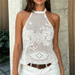 Sheer Floral Lace Halter Crop Top Women Open Back Tie Knot Sleeveless Mesh Hollow Out Camisole Sexy Beach Cover Ups