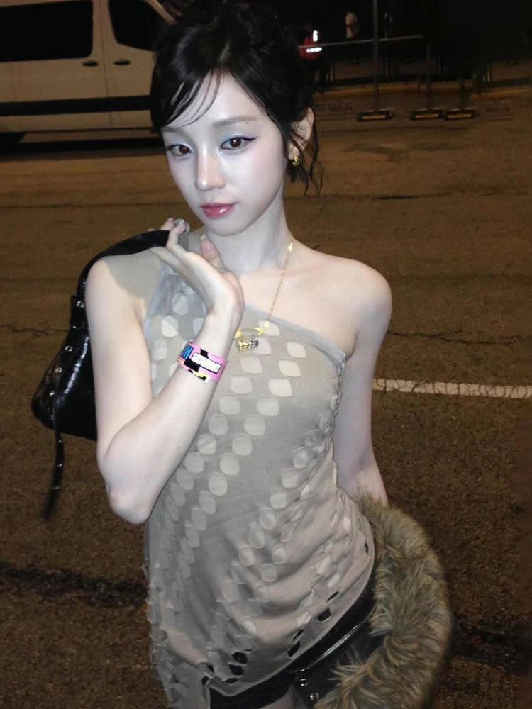 Hollow Vest Women Slanted Shoulder Skinny Sexy Irregular Hem Music Festival Hip-Hop Style Summer Classic Streetwear
