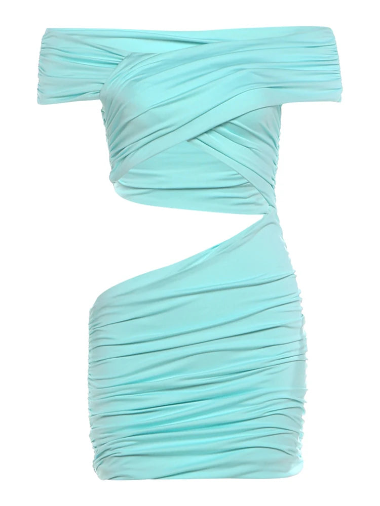 Sexy Chic Hollow Dress Women Cross Simple Ruched Patchwork Slash Neck Wild Trend Stretch Party Club Peach Hip Bodycon