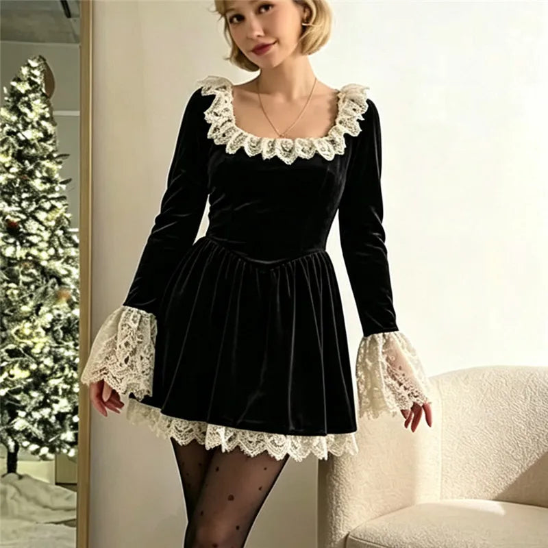 Womens Velvet Lace Mini Dress Square Neck Ruffle Flare Long Sleeve A Line Short Dress Christmas Holiday Party Dress
