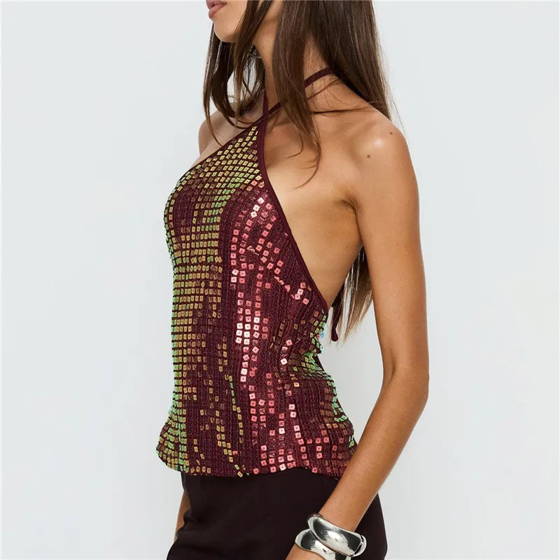 Sexy Sequin Halter Top Women Tie Back Sleeveless Open Back Glitter Crop Top For Clubwear Night Out And Music Festival