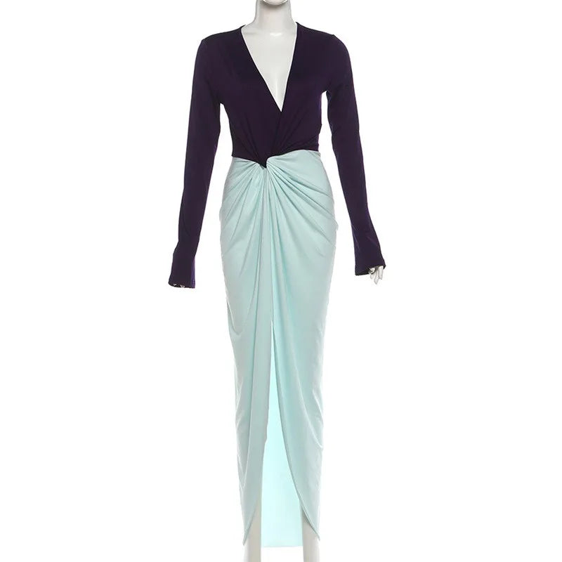 Elegant Deep V Neck Patchwork Spit Maxi Dress Long Sleeve Party Dresses Fashion Clothing Woman