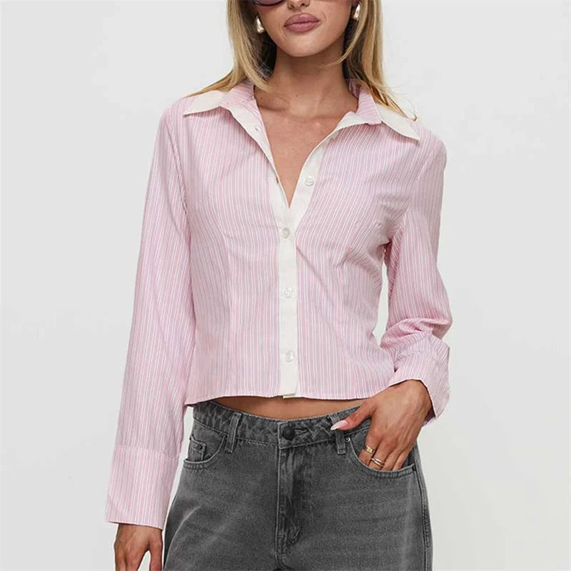 Fashion Women Striped Shirt Long Sleeve Shirt Button-down Elegant Ladies Blouse Fall Spring Work Out Tops Casual Daily