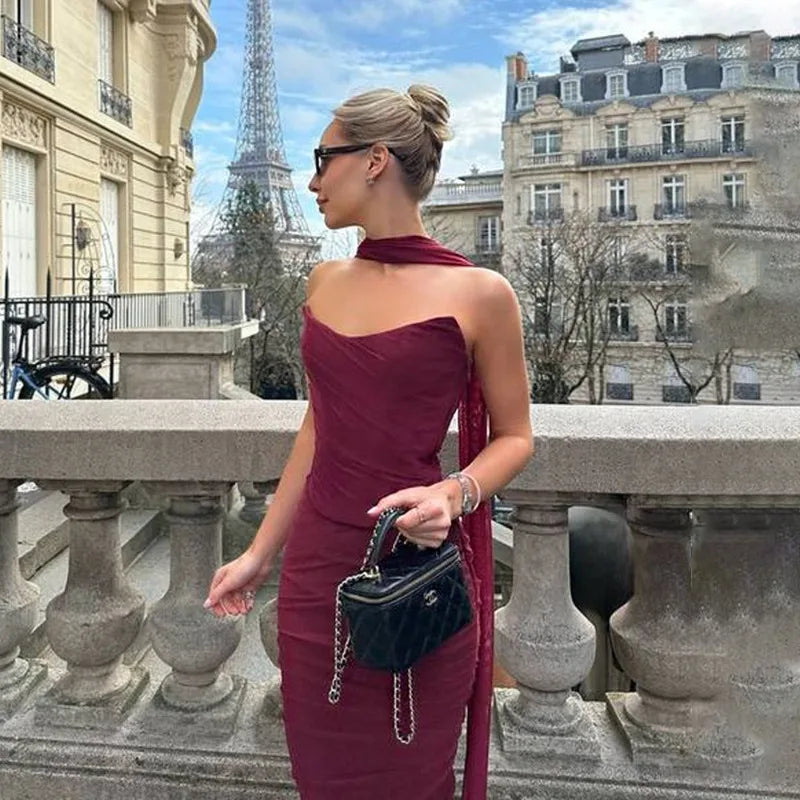 Sexy 2 Piece Set Mesh Strapless Corset Top and Maxi Skirt Co Ord Sets for Woman Elegant Party Outfit