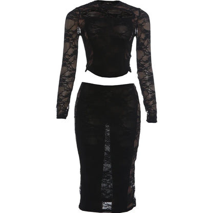 Party Jacquard 2 Piece Set Women Hollow o-Neck Full Sleeve Skinny Crop Tops+Classic Skirt Sexy See Through Midnight Suit